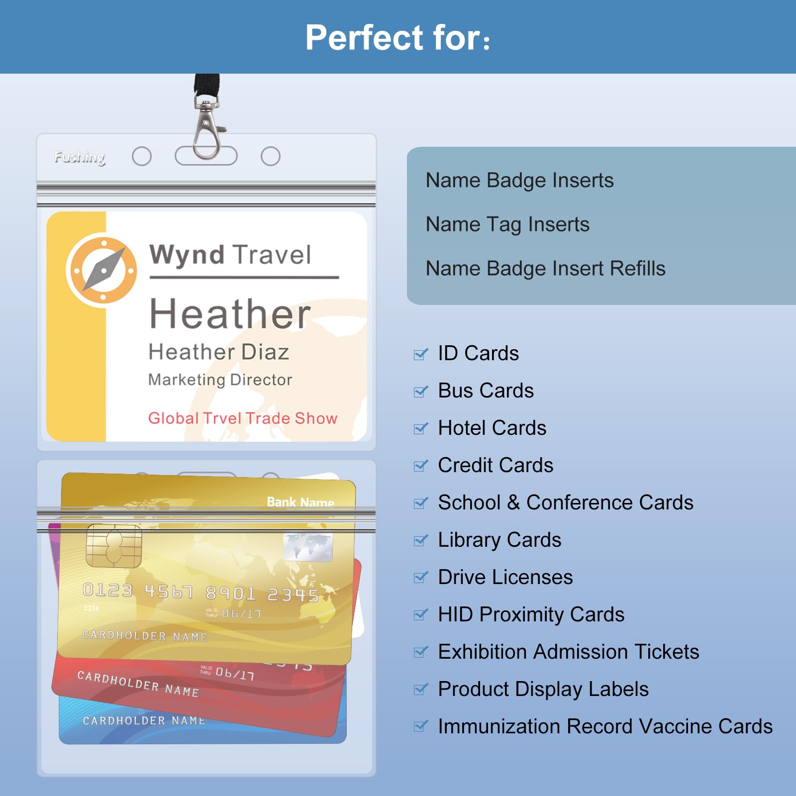 Fushing 50 para tarjetas de identificación horizontales de plástico transparente con cordones para tarjetas de identificación y cordones para insertos de identificación de 7,6 x 10,2 cm