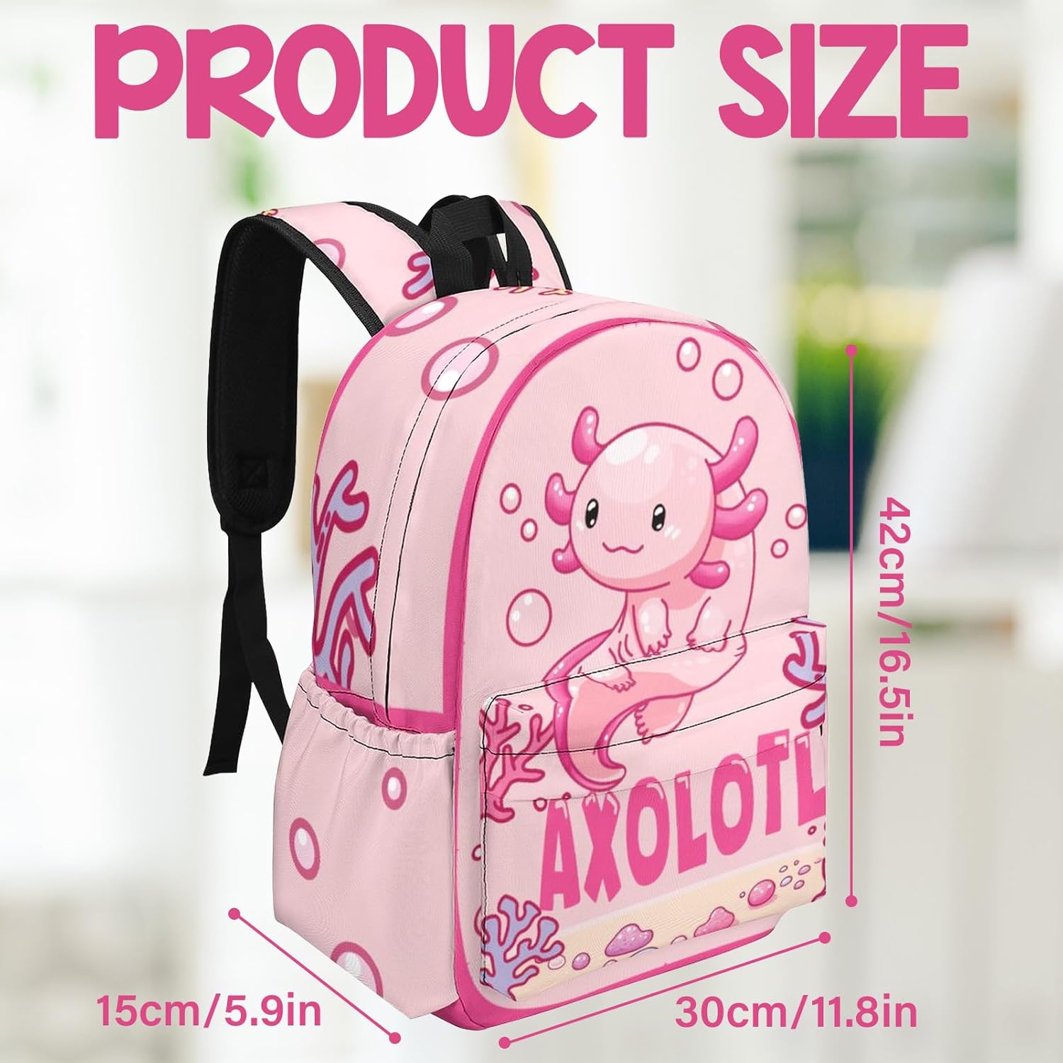 Axolotl Backpack for Girls Boys, 16.5 Inch Axolotl Theme Bookbag with Adjustable Straps, Large Capacity School Cartoon Backpack