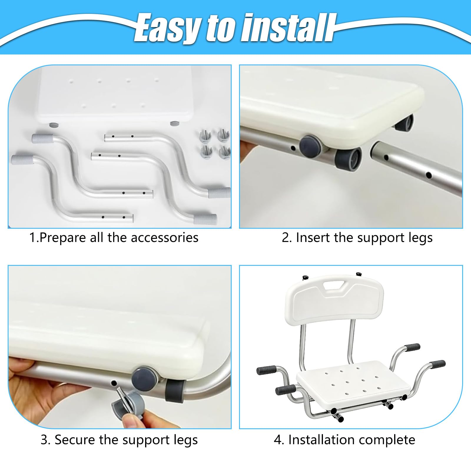 Asiento de bañera con Respaldo, Asiento de Ducha Banco de Ducha para bañera, Tablas de bañera Extensibles de 72-82cm, Extensible Blanco, Capacidad de Carga 136 kg Asiento de bañera (B)