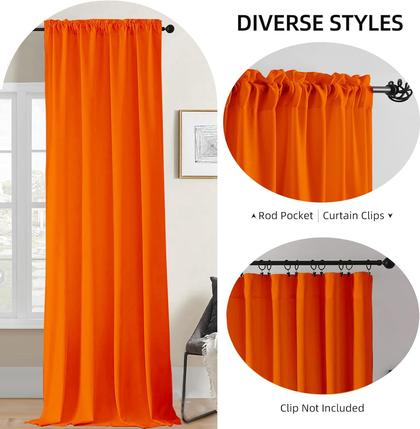 2 Panels Orange Curtains for Living Room Boho Solid Light Filtering Curtains for Bedroom Modern Bright Orange Window Treatment Set Rod Pocket Drapes Elegant Farmhouse Semi Sheer Curtains 52X84 Inches