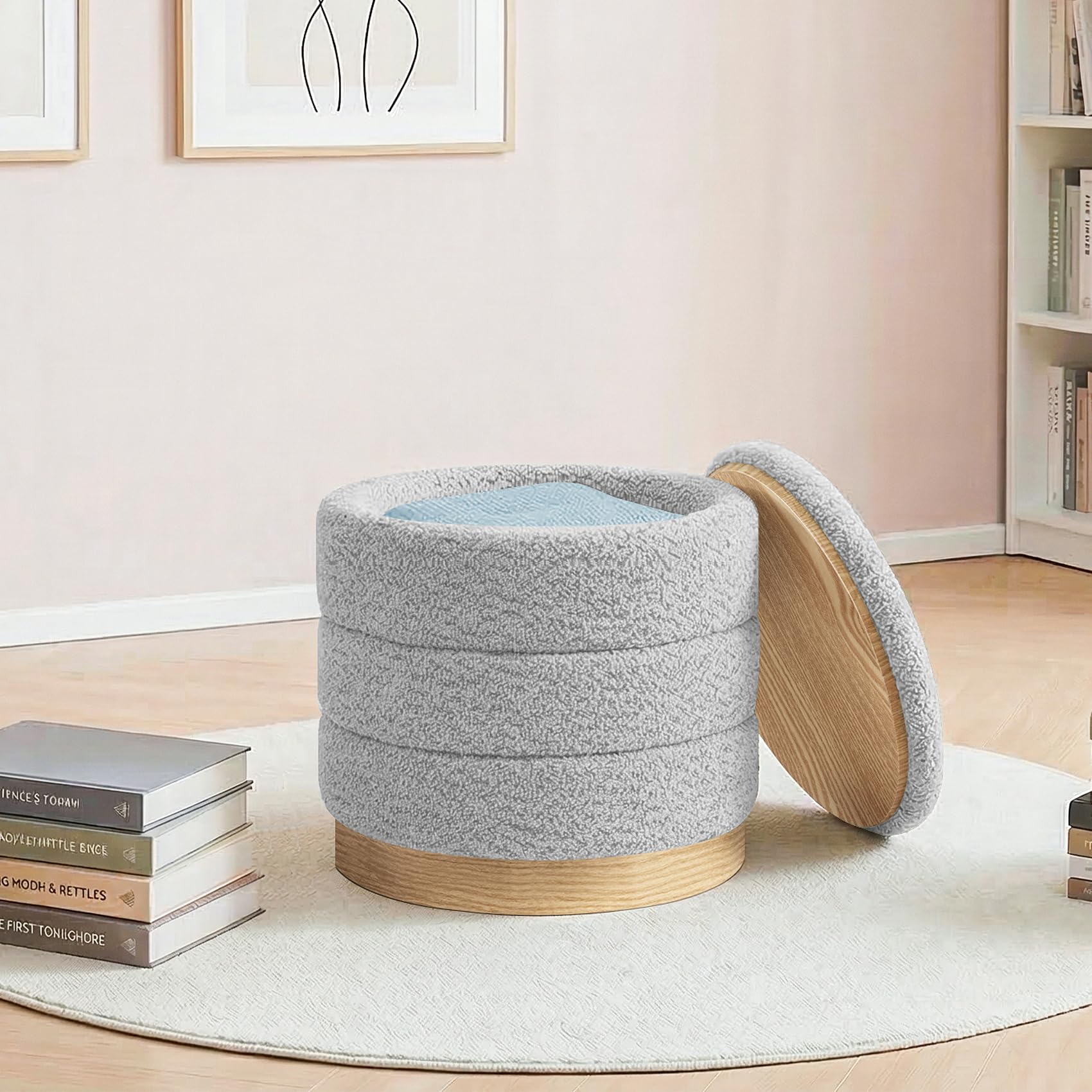 Bonlife Taburete con espacio de almacenamiento y mesa, taburete plegable redondo, banco para salón, dormitorio, pasillo, chenilla, gris plata, 39 x 39 x 37 cm