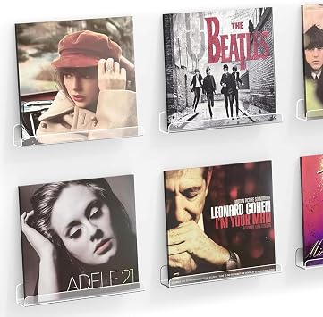Meaocer Vinyl Record Shelf Wall Mount, 6 Pack 12 inch Clear Acrylic Album Record Holder Display, Kids Bookshelf, Floating Wall Shelves for Bathroom, Bedroom, Living Room, Kitchen Clear-6pcs