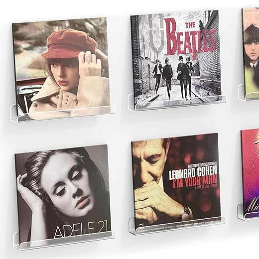 Vinyl Record Shelf Wall Mount, 6 Pack 12 inch Clear Acrylic Album Record Holder Display, Kids Bookshelf, Floating Wall Shelves for Bathroom, Bedroom, Living Room, Kitchen (Clear-6pcs)