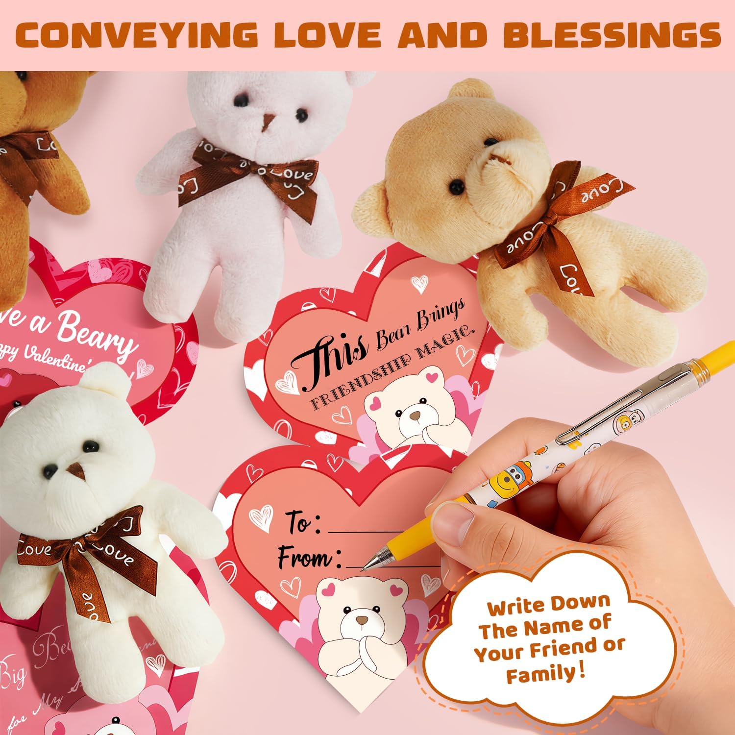 Valentines Gift Cards for Kids Classroom, 24 Packs Valentine's Day Plush Bears Stuffed Animal Mini Plush Toys with Heart Cards, Girls Boys Valentine Gifts Party Favors Classroom School Exchange Prize