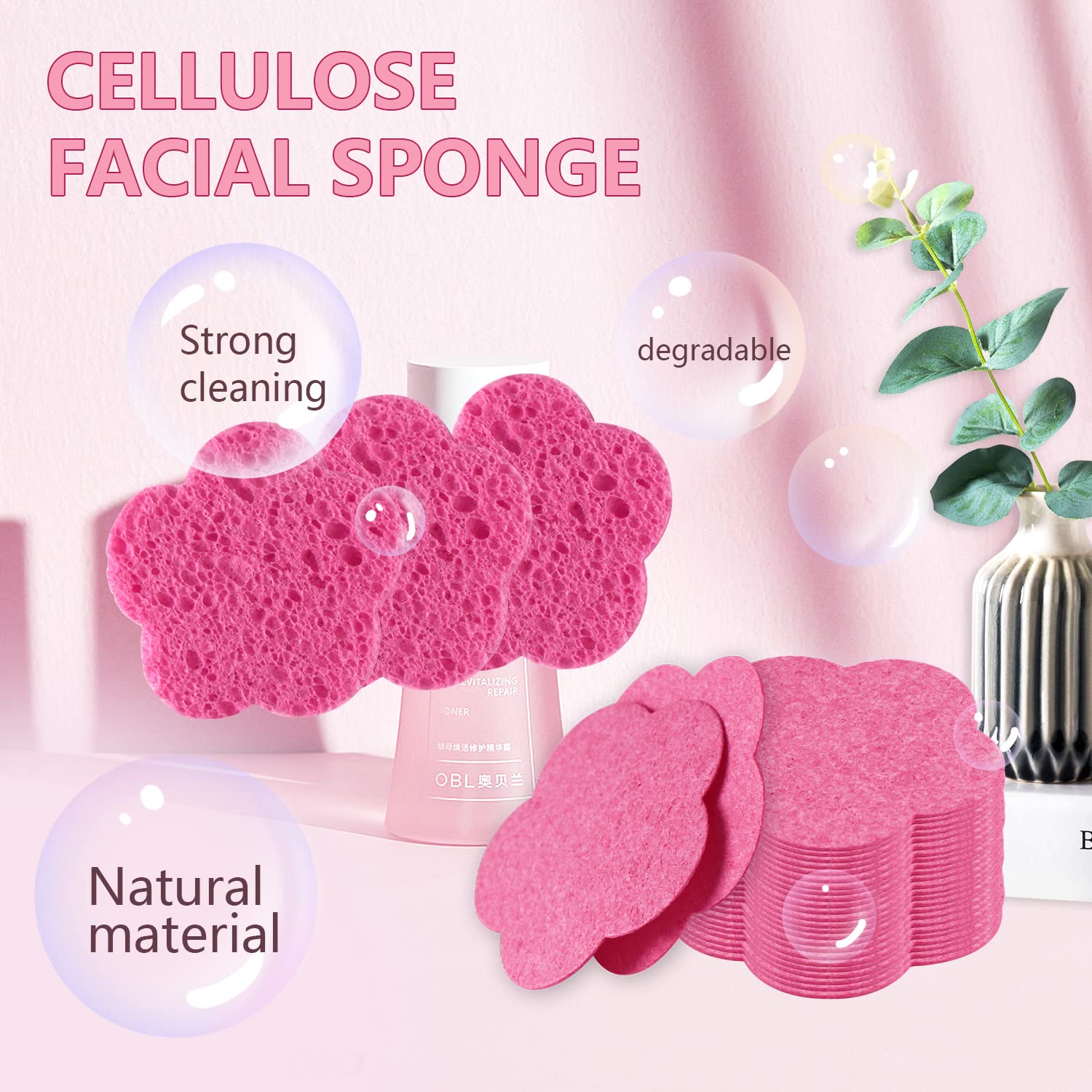 50-Count Facial Sponges Compressed Facial Sponges Natural Facial Cleansing Sponges Pads Cute Flower Shape Exfoliating Sponges for Cleansing Reusable,Best Makeup Gift, Pink