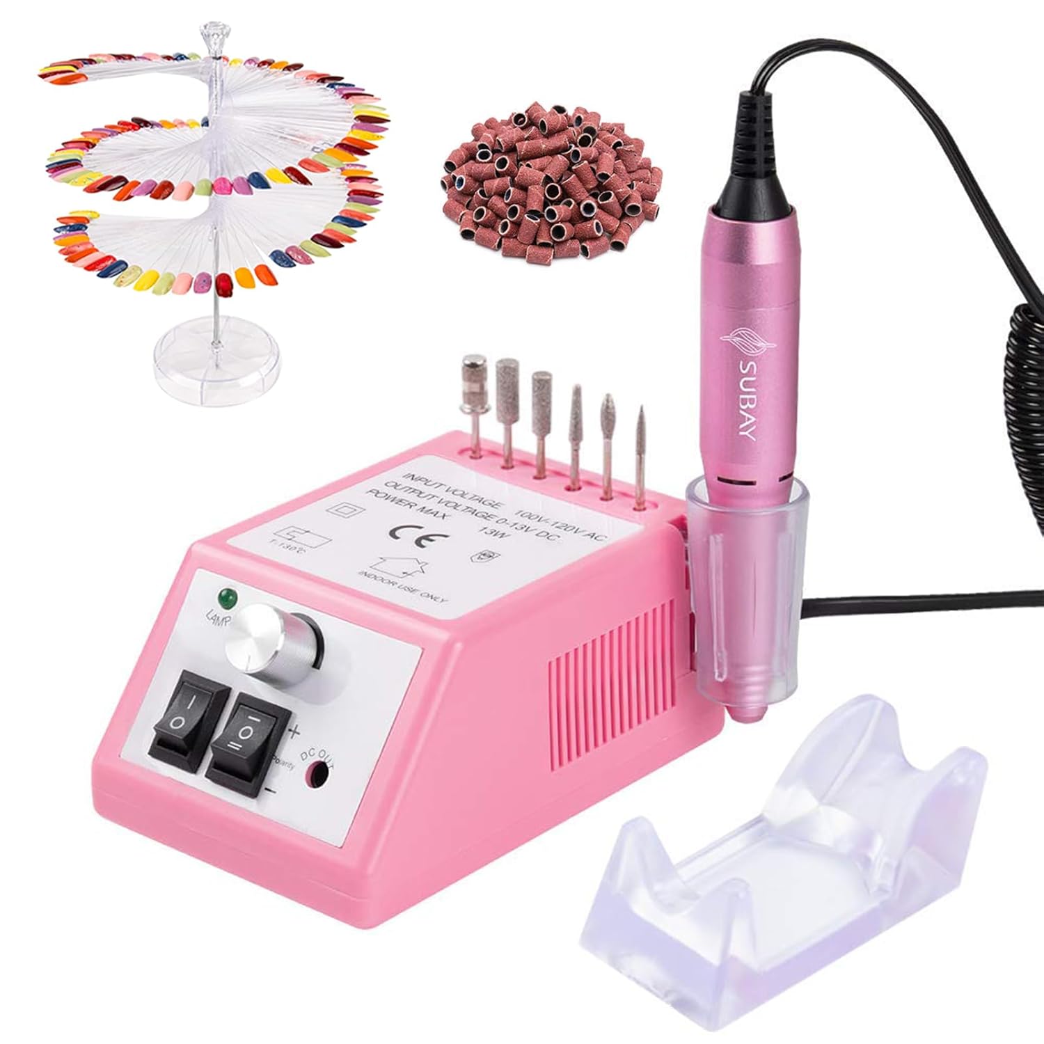 Subay Professional Finger Toe Nail Care Electric Nail Drill Machine with 120Pcs Clear Nail Color Swatches Display for Gel Polish Spiral Nail Sample Practice Sticks