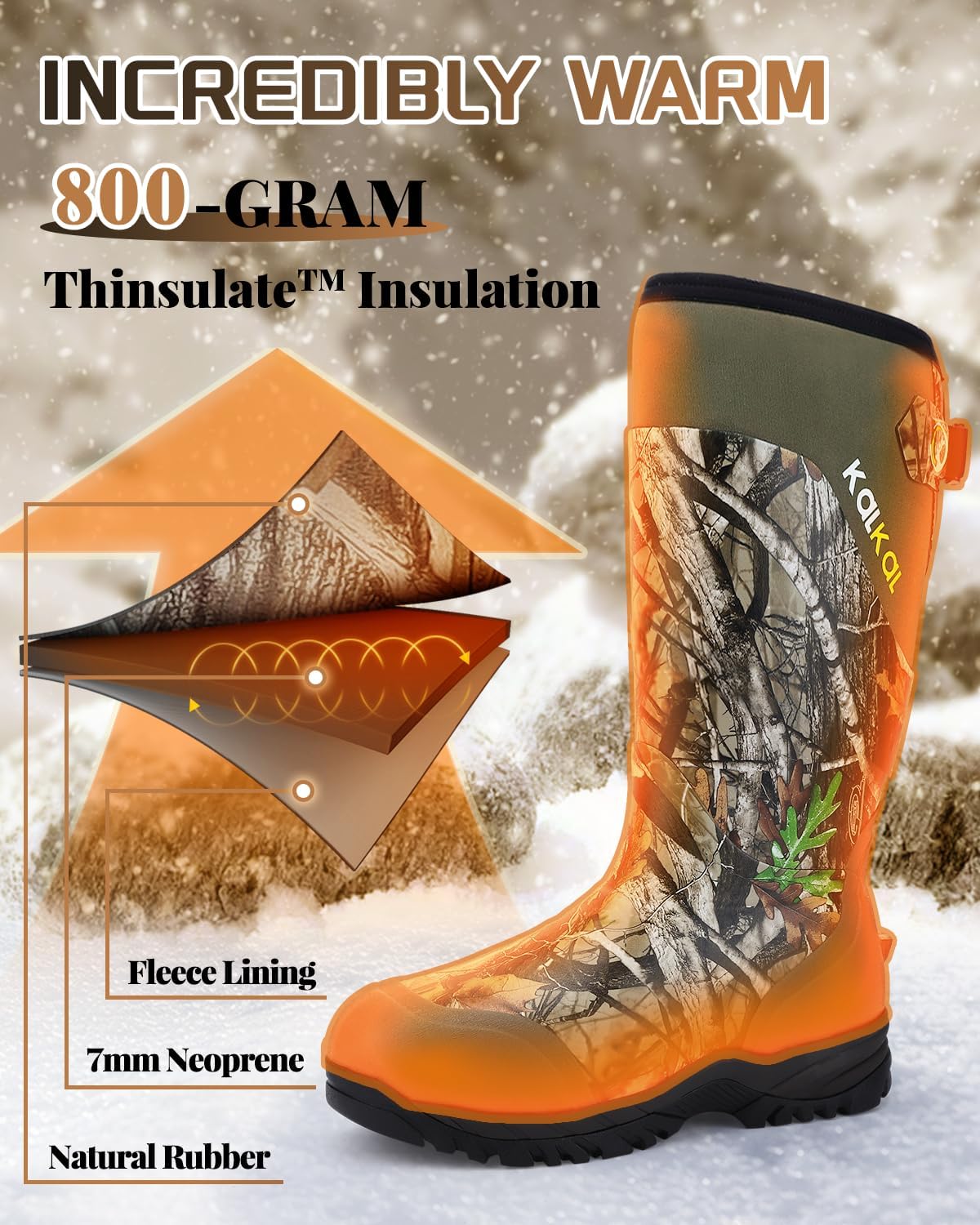 Kalkal Hunting Boots for Men with 800g Insulation, Waterproof Men's Insulated hunting boots with 7mm Neoprene, Sturdy Warm Rubber Boots for Outdoor Hunting Boots for Men (Size 6-14) - Image 3
