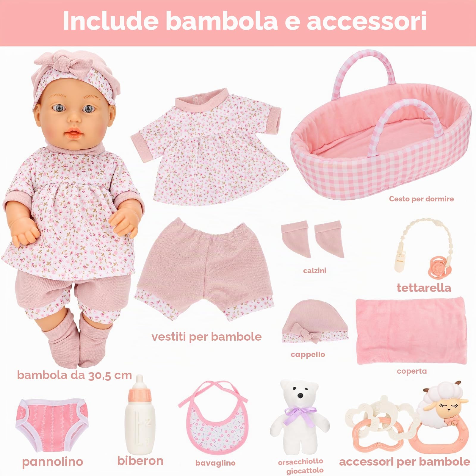 Miunana 1 Bambola Bambolotto New Born 30 CM 12 Pollici + Accessori | Bambola + Cappello + Vestito + Calze + Tasca + Pantaloncino + Bambola Calmante + Coperta + Cesto Da Letto + 4 Accessori