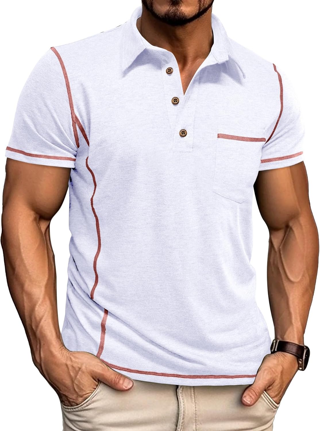 Mens Casual Polo Shirts Athletic Short Sleeve Classic Button Tees Slim Fit Shirt wi...