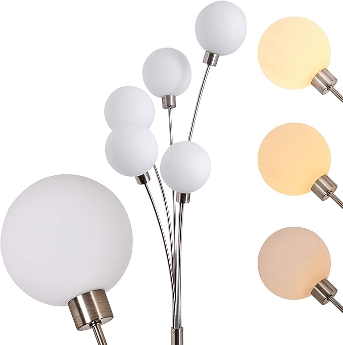 hofstein Bernado Floor Lamp, Infinitely Dimmable, Brushed Steel Floor Lamp, 5 Flames, Real Glass Globes, G9, Modern Arc Lamp, with Foot Switch on Cord, Without Bulbs