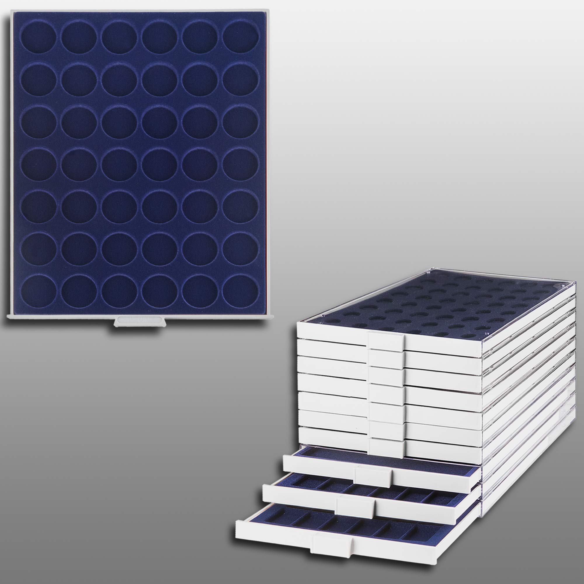 Prophila Collectioncoin box gray 42 round compartments for 2-€uro-coins in capsules or coins up to 32 mm, blue insert