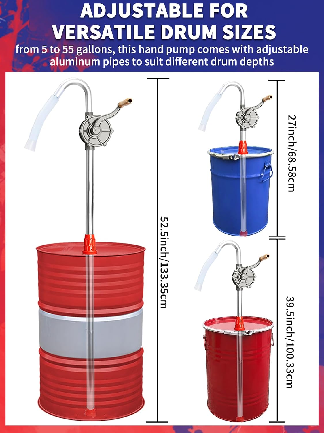 Aluminum Drum Pump 5 to 55 Gallon Corrosion Resistant Barrel Hand Pump for Transfering Diesel, Hydraulic, Engine, Heating Oil