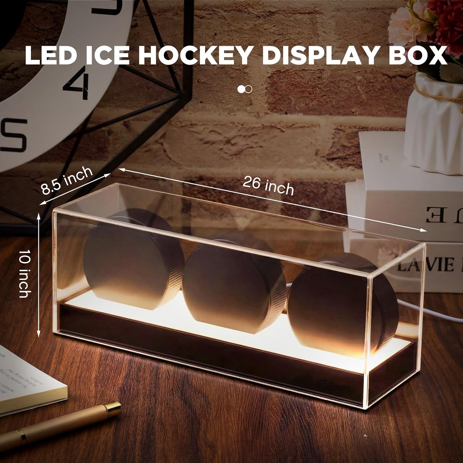 Colingmill Clear Hockey Puck Display Case with LED Light for 3 Puck, Acrylic Dustproof UV Protection Hockey Holder Stand with Base for Collectibles Storage Display