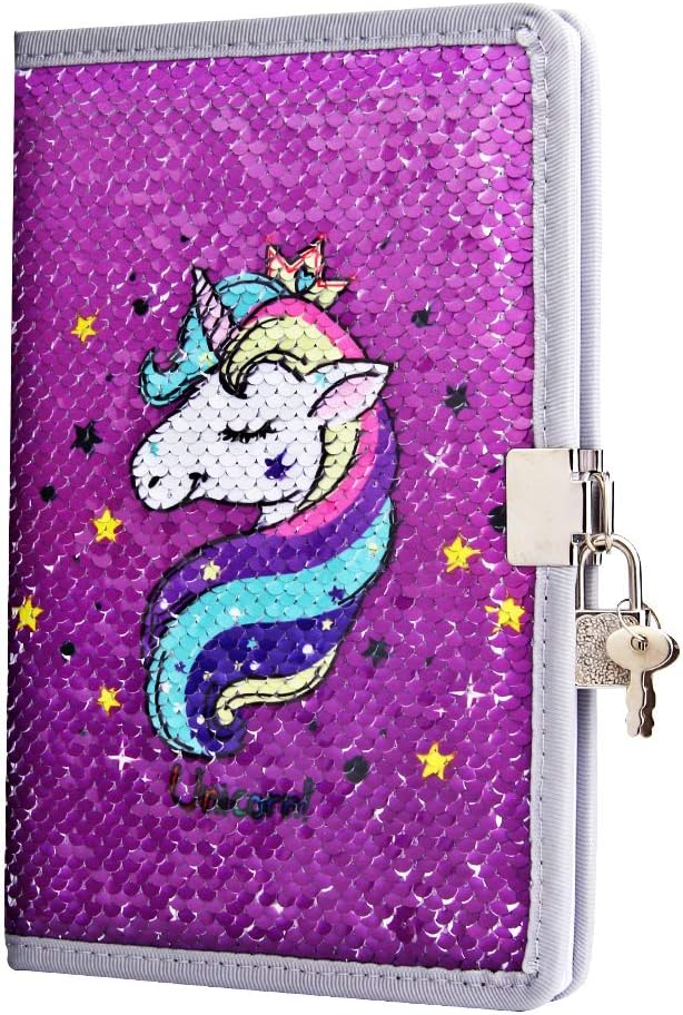 PojoTech Unicorn Notebook Sequin Secret Diary with Lock, Reversible Mermaid Sequin Notebook Private Journal Magic Travel Journal Unicorn Notebook Gift for Adults and Kids (Purple)
