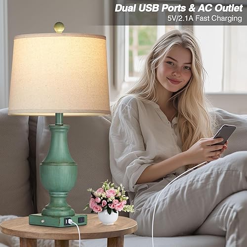 Miniatura 4 de Farmhouse Table Lamp Set of 2, Rustic Touch Control 3-Way Dimmable Lamps with USB A+C Charging Ports & AC Outlet, Vintage Retro Antique Bedside Lamp
