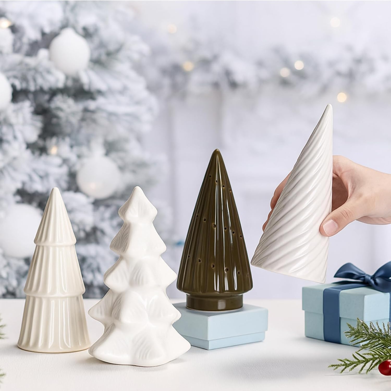 Wesiti 4 Pcs Ceramic Christmas Tree Decor, White Porcelain Figurine Decor for Xmas Table Centerpiece 6 in Modern Ceramic Christmas Tree for Home Fireplace Desktop Tabletop Mantel Cabinets