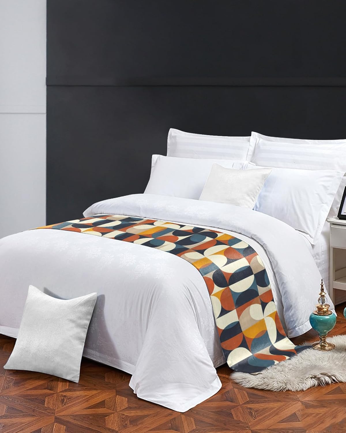 Bed Runner Scarf, Retro Middle Ages Abstract Geometic Orange Blue Pattern King Bed Bedding Scarves Cover Decorative Bed Scarf for Home Hotel Guesthouse Bedroom Wedding Room Guestrooms 71"x20"