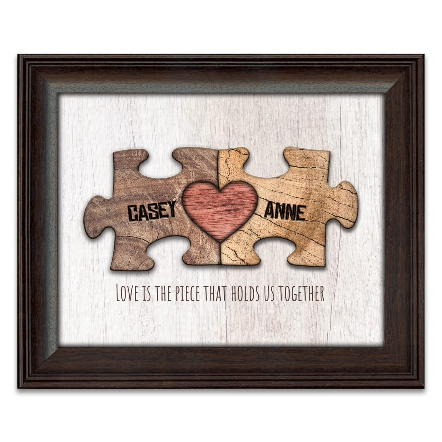 LOVE, the piece that holds us together - Personalized Valentine's, Anniversary, Wedding gift. (14"x17" Framed w/Glass, Wood Grain Hearts)