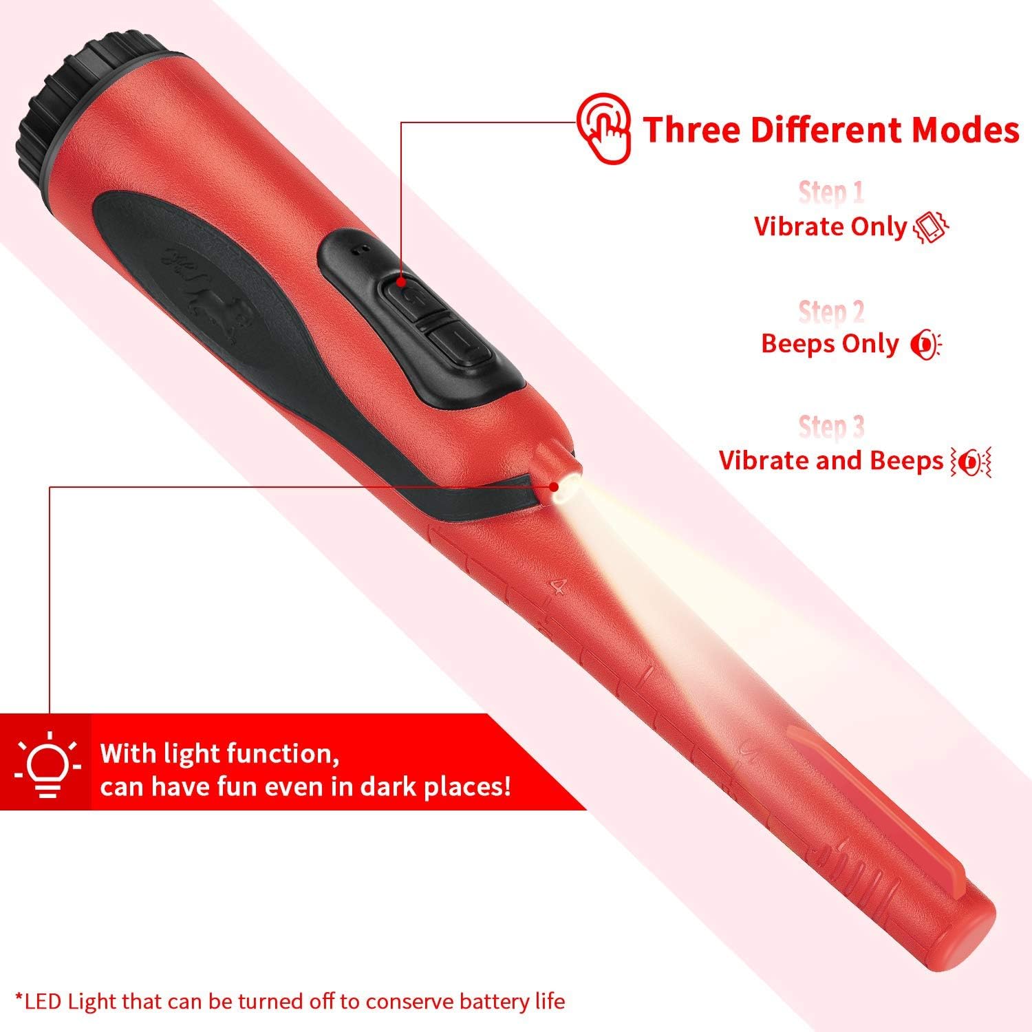 5M Waterproof Metal Detector with Adjustable LED Light, 3 Detection Modes (Sound, Vibration, Sound & Vibration) for Outdoor Treasure Hunting and Professional Use