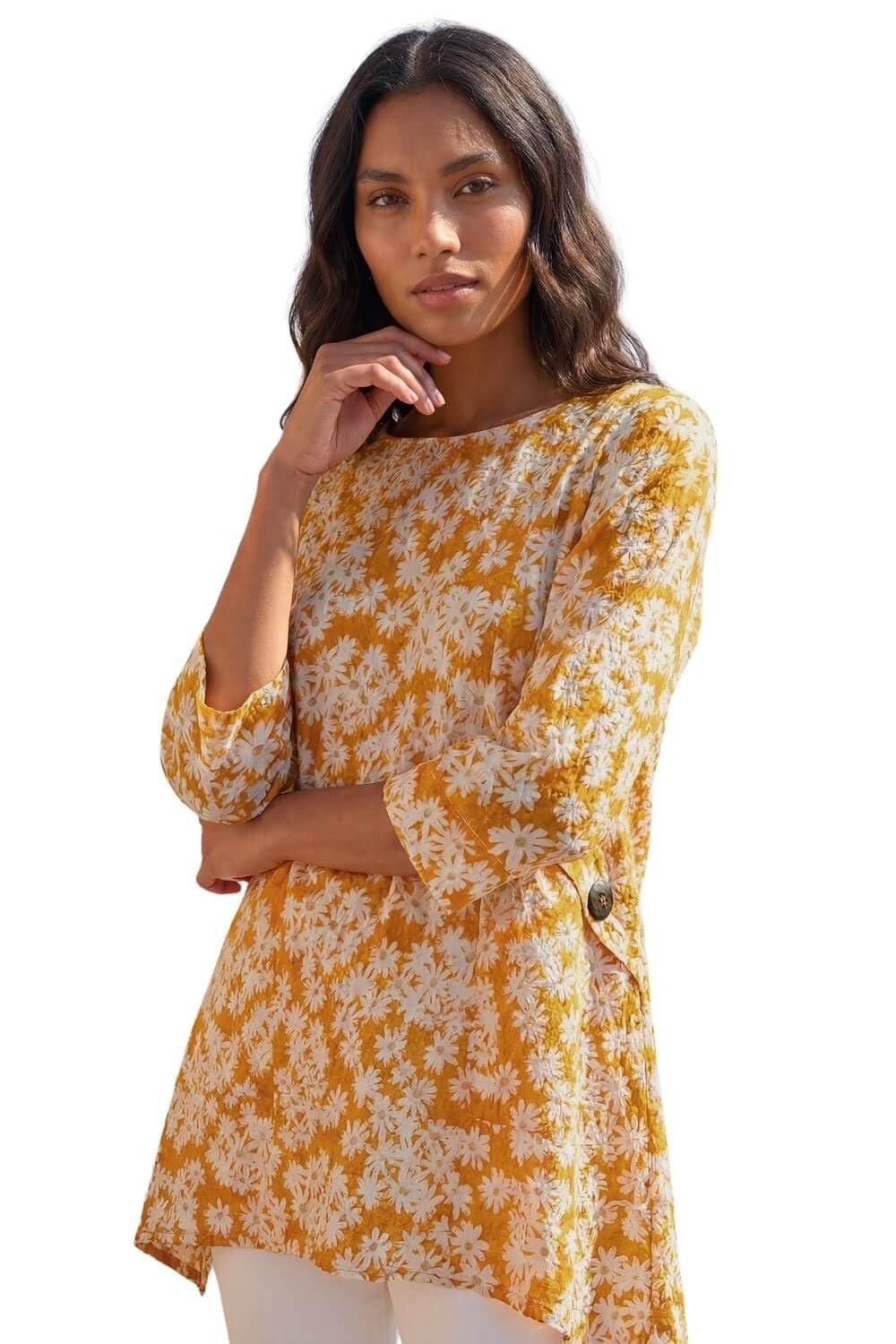 Roman Originals Women's Yellow Floral Print Pocket Tunic Top For Uk - Everyday Holiday Spring Summer Round Neckline Comfy Soft Evening Vacation Work Party - Size 16