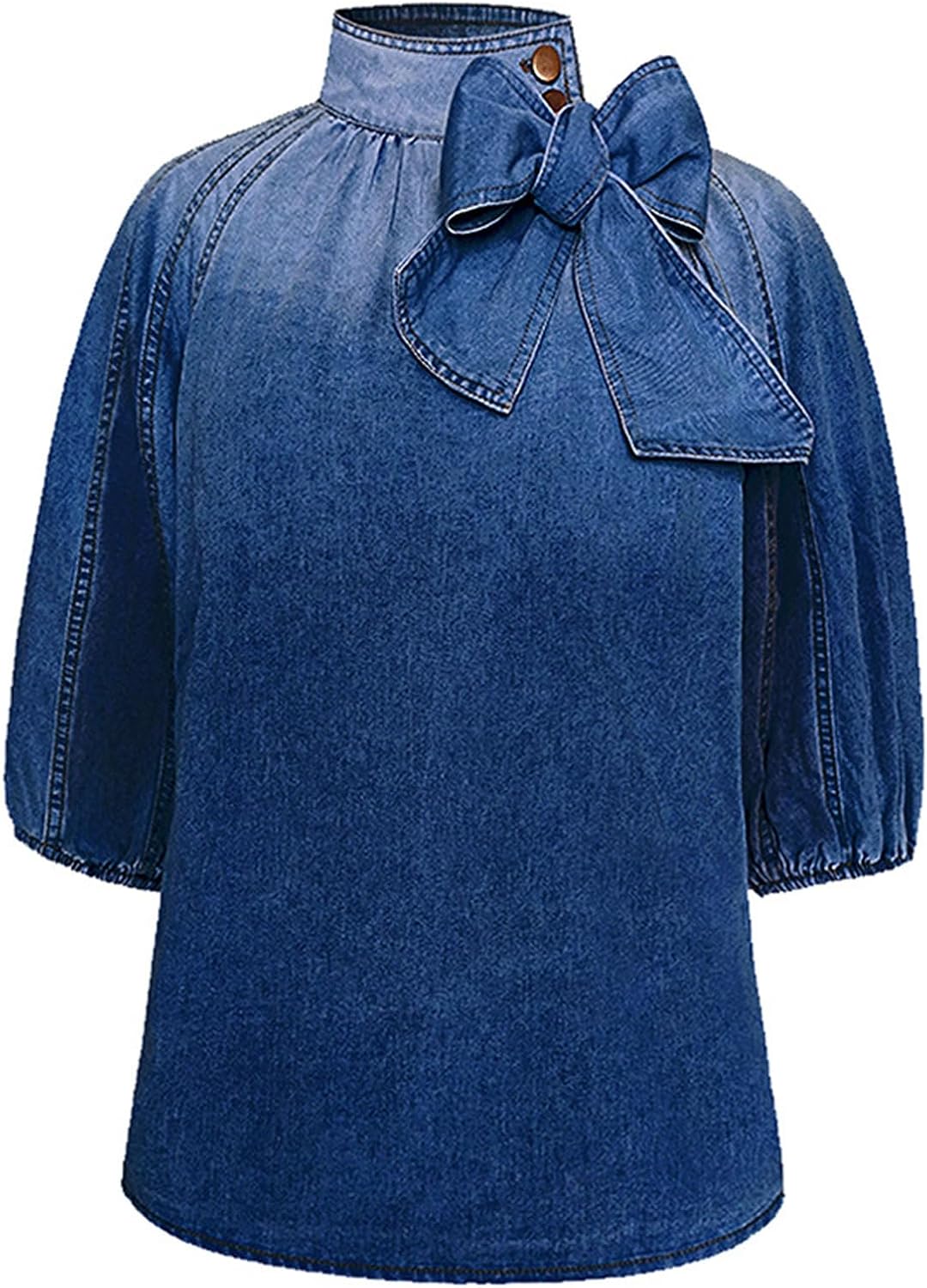 Women's Bow Design Denim Pullover Top Button Up High Neck Fashionable Jacket with Elastic and Puff Sleeves - Image 4