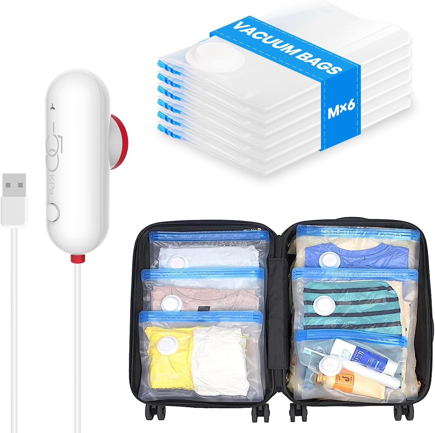 VMstr 6 Pack Vacuum Storage Bags for Travel, Compression Packing with USB Powered Electric Pump, Vacuum Seal Bags for Clothes and Clothing, Luggage Organized