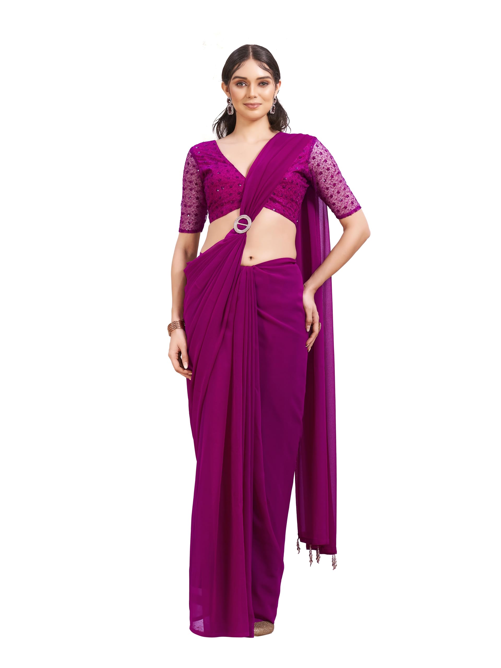 Womanista Women's Georgette Solid Saree (Ti6813_Pink)