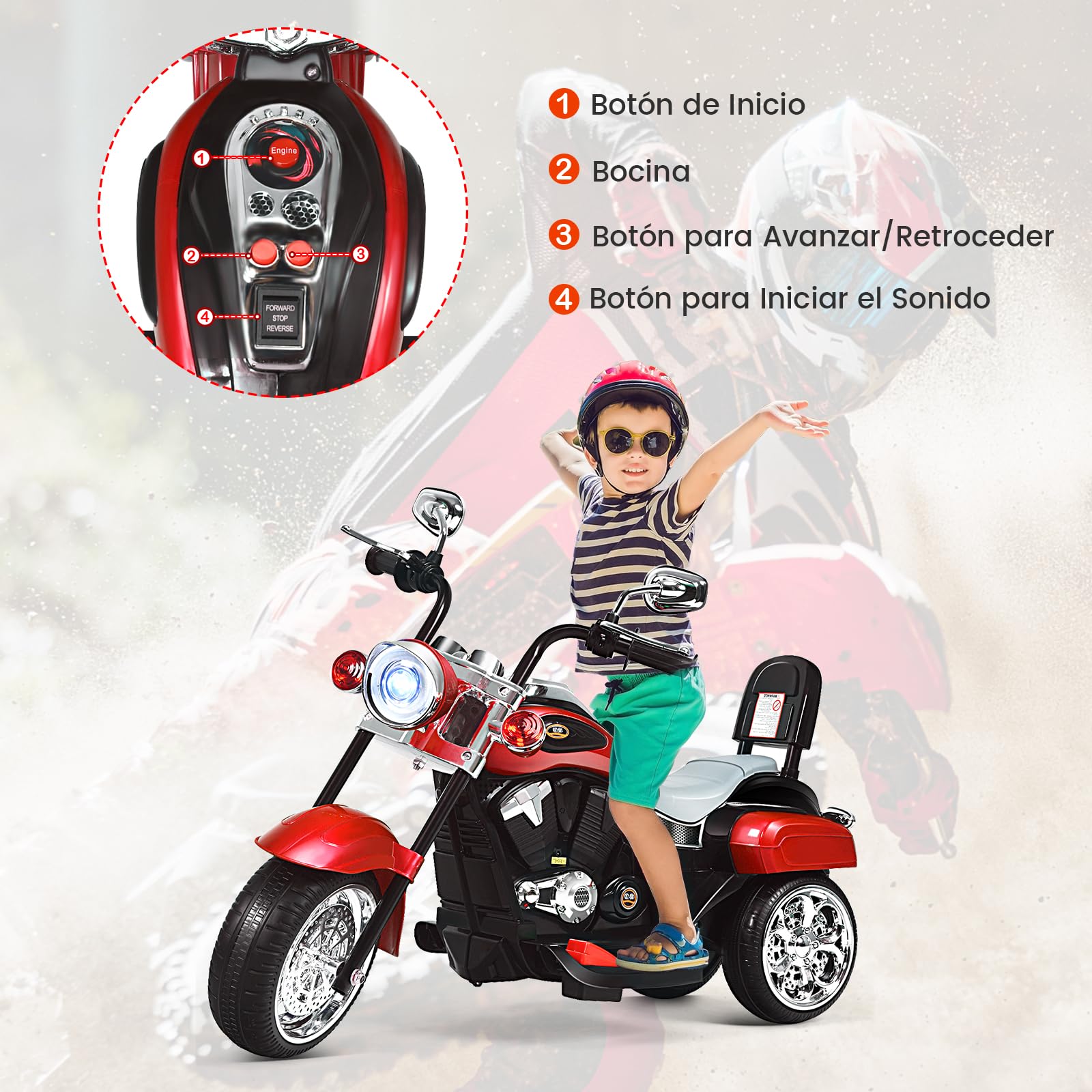 RELAX4LIFE Moto Eléctrica Niños 6V con 3 Ruedas Antideslizantes, Sonidos, Faro, Pedal y Marcha Adelante y Atrás, Moto Electrica Infantil, Coche Eléctrico para Niños de 3+ Años, Carga 30kg (Rojo)
