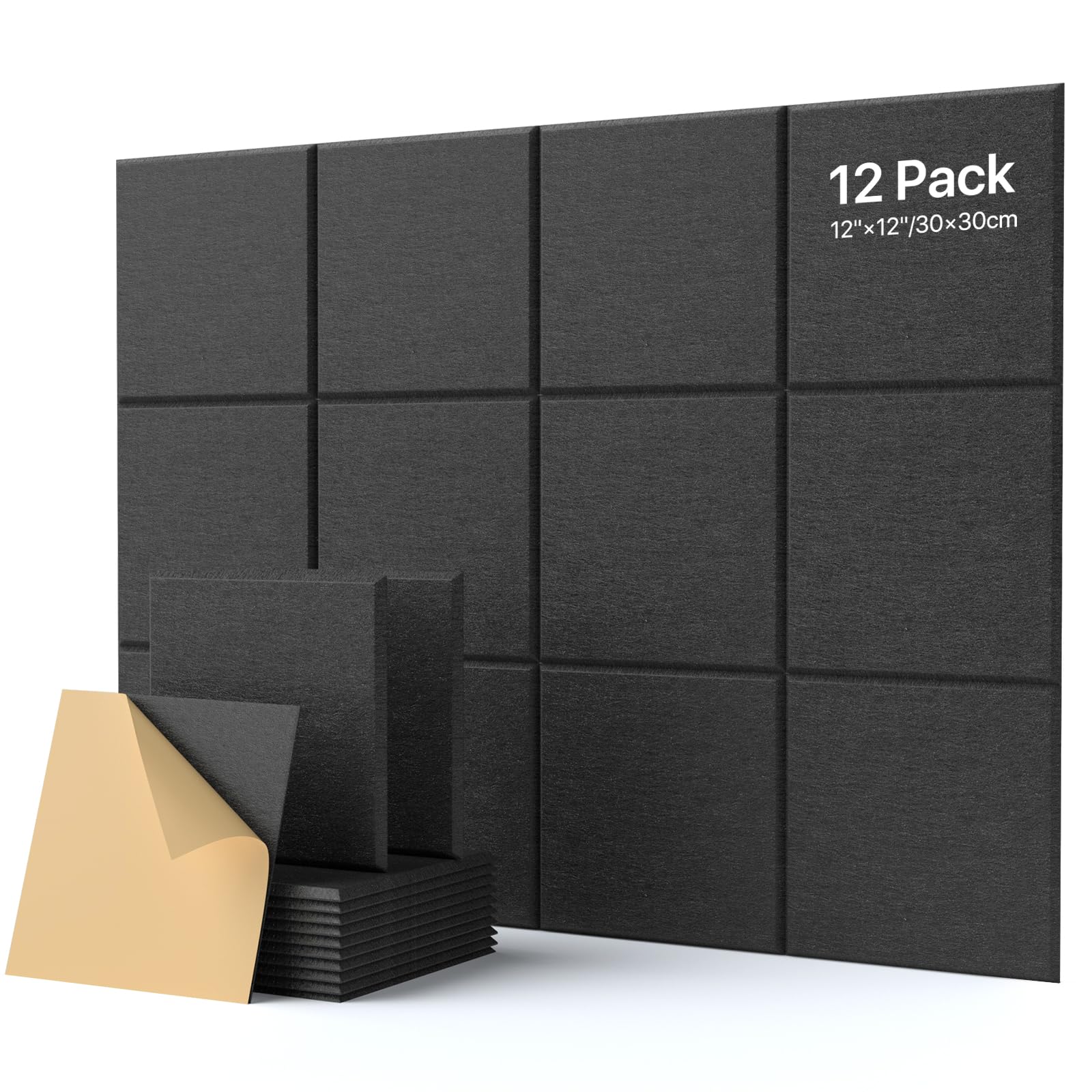 Lot de 12 Panneaux Acoustique Autocollants Carrées, Anti bruit Panneaux Acoustiques Haute Densité Isolant Phonique Pour Mur, Plafond et Porte - Panneau Acoustique - Plaque Acoustique (30×30×0,9cm)