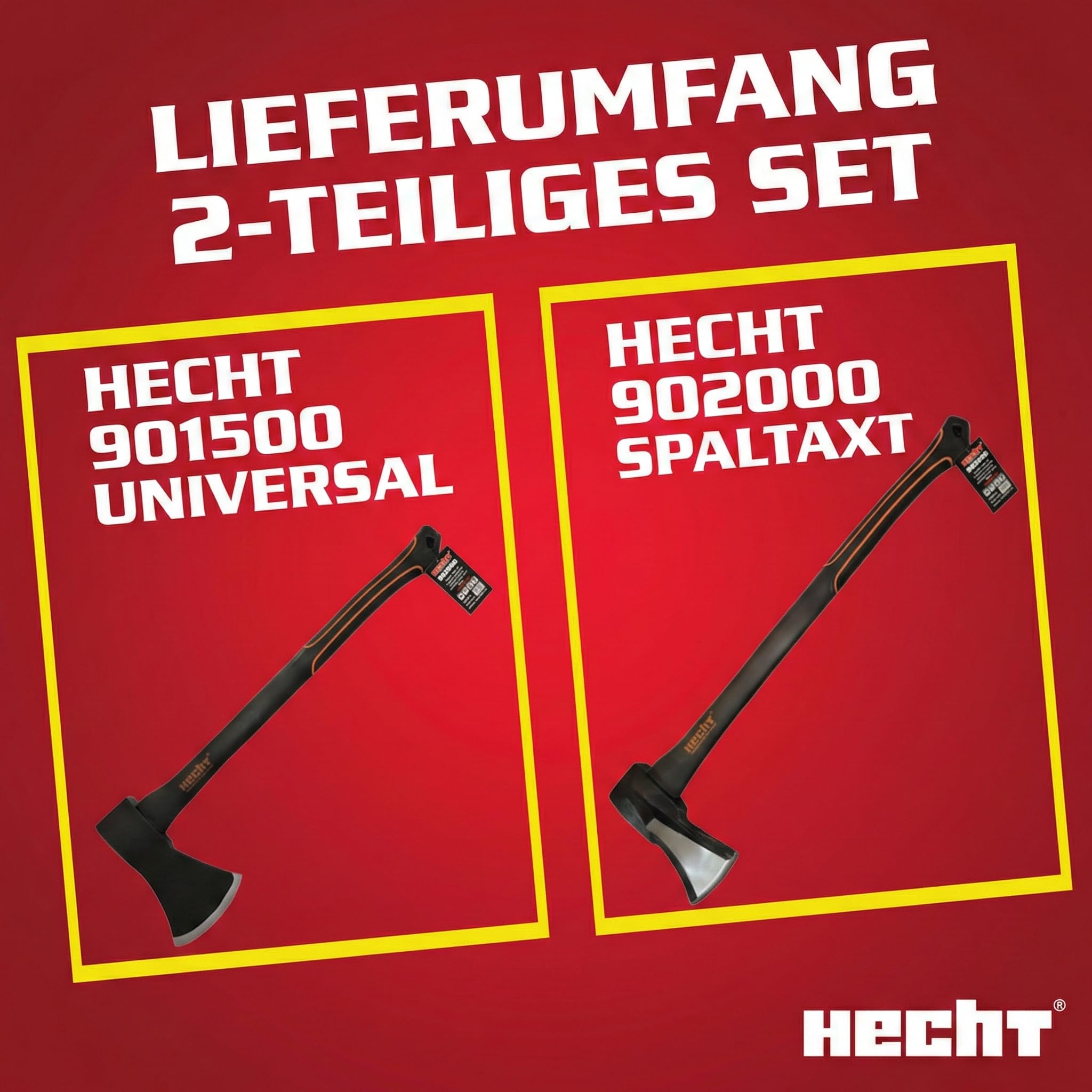 HECHT Axt Set 2-teilig 55 cm 1500 g und 63 cm 2000 g | Universalaxt und Spaltaxt mit Fiberglas-Stiel, Holzbeil und Spaltbeil zum Holzspalten, für Forst, Outdoor und Camping