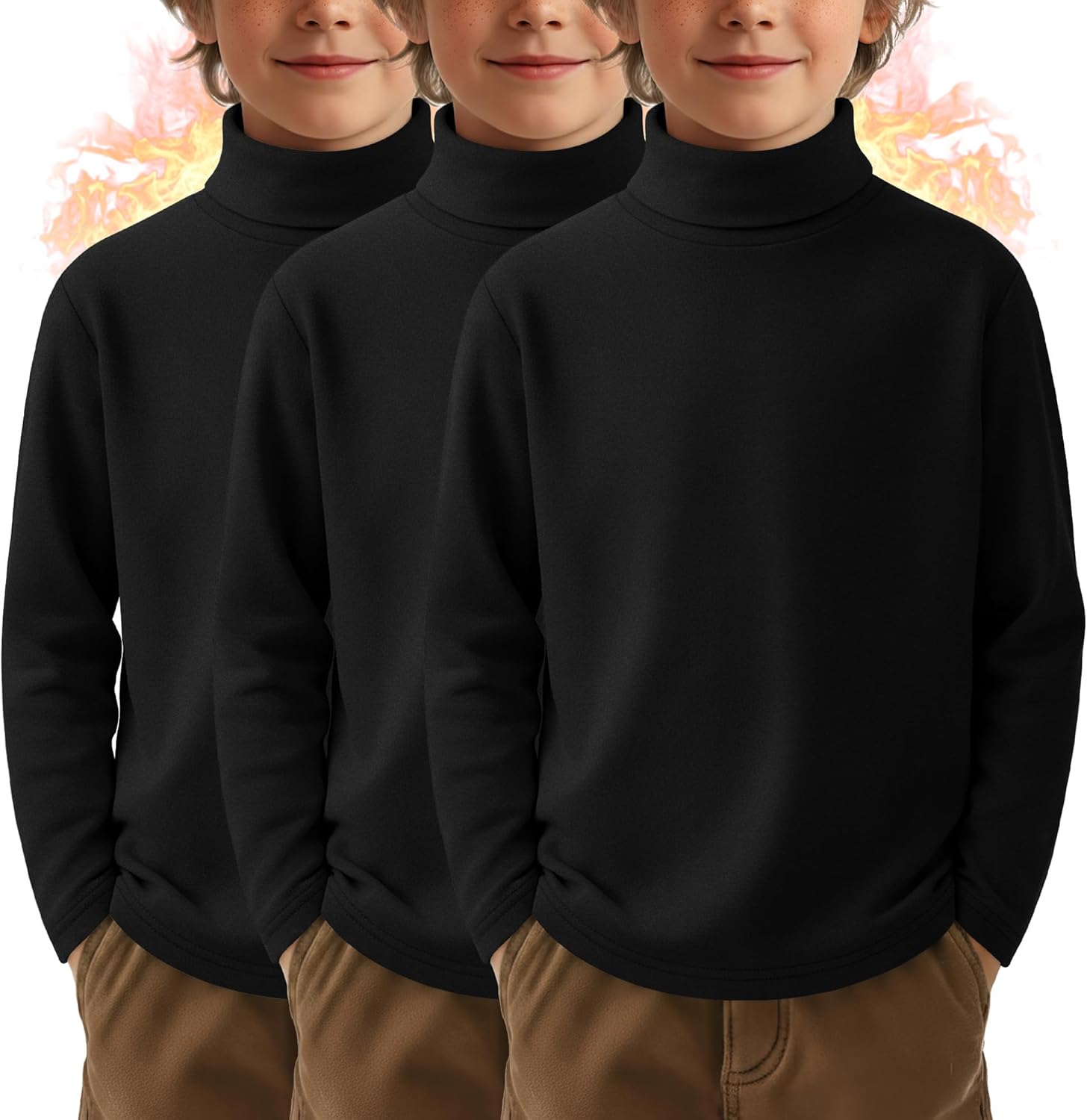 3 Pack Boys Thermal Turtleneck Long Sleeve Fleece Tops, Compression Shirts Youth Basic Layer Warm Undershirt Winter