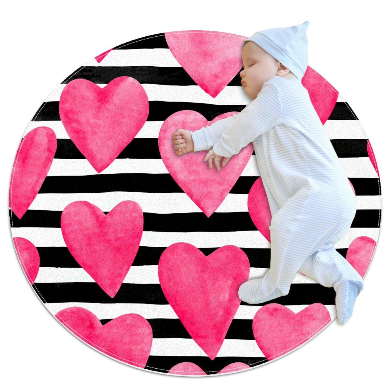 Tapis rond pour enfants rose à rayures pour décorer la chambre