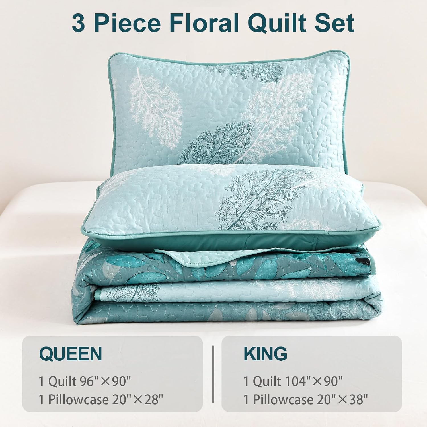 WONGS BEDDING Aqua Quilt Set King Size, 3 Pieces Floral Botancal Leaves Gradient Bedspread Coverlet Set with 2 Pillowcases for All Season, Soft Microfiber Floral Bedding Set 104"×90" - Image 6
