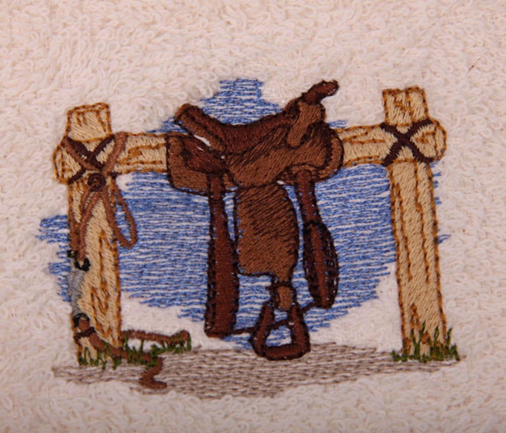 Bath Towel Set with Embroidered Western Saddle and Tack