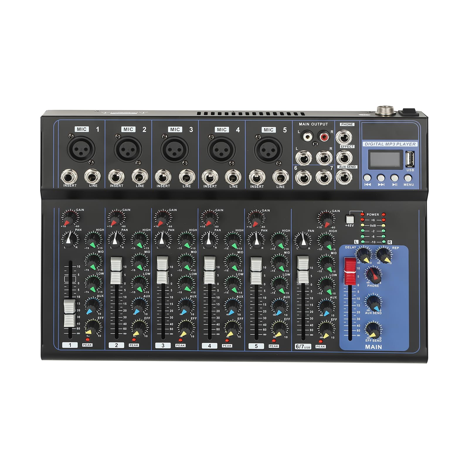 MIIWWOWO 7 Channel Audio Mixer Bluetooth DJ Mixer Portable DJ Controller Mixing Desk with Lcd Display, Sound Mixer Bluetooth Audio Music Mixer for Recording Studios (7 Channel)