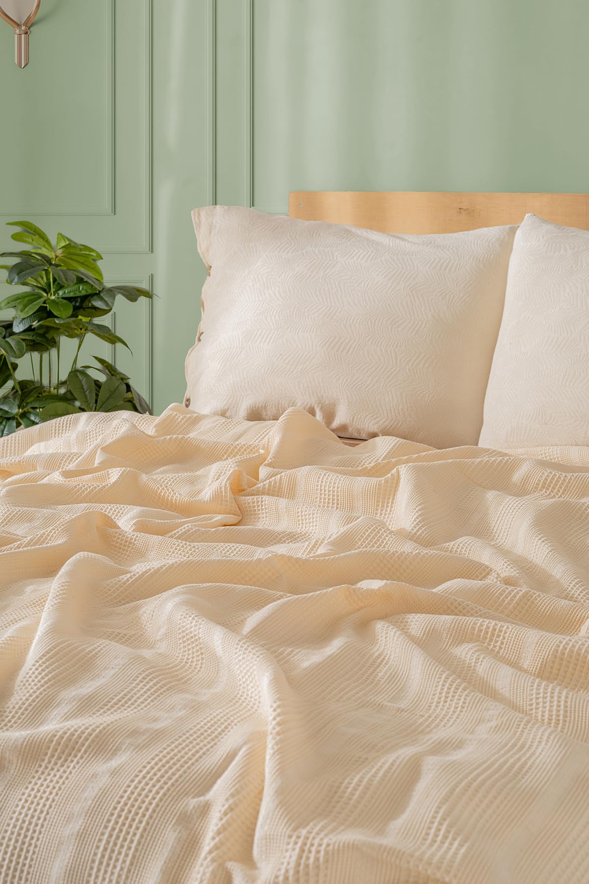 RAYME TEKSTIL 100% Pamuk Pike Tek Kişilik, Waffle Bordür Desenli Yatak Örtüsü, Hafif Yazlık Pike, Denizli Üretimi Kaliteli Yatak Örtüsü (Krem, Tek Kişilik Pike 160x220 cm)