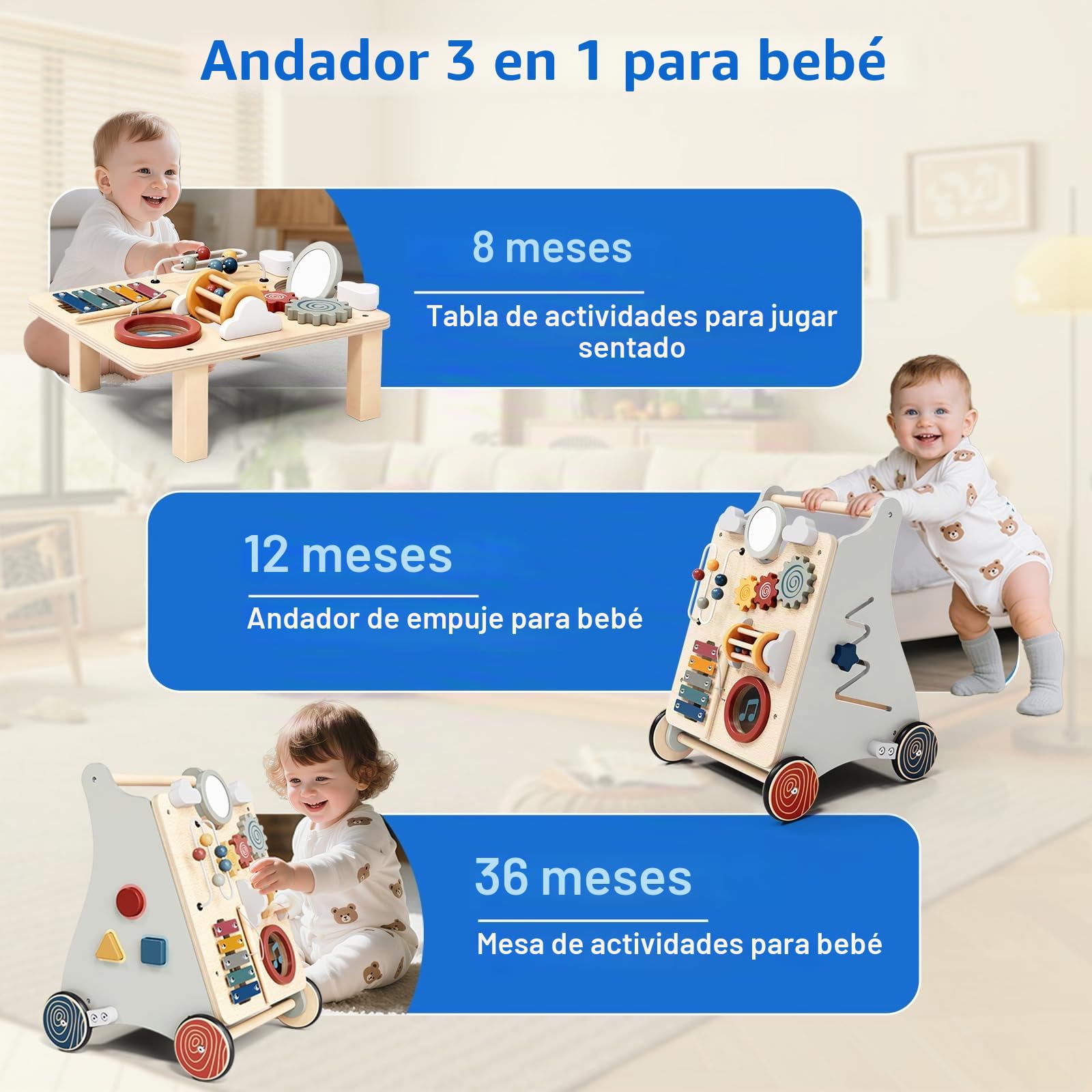 Andador Montessori 2 en 1 de Madera, Andador para bebés con Velocidad Regulable