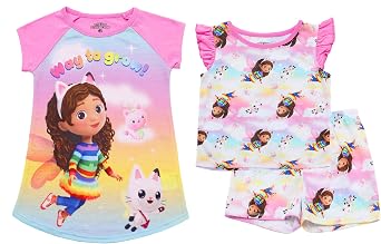Gabbys Dollhouse Jersey Knit 3 Piece Pj Set Sleepwear Pajamas for Toddler Girls - Gown, Shirt, Shorts 2T-5T
