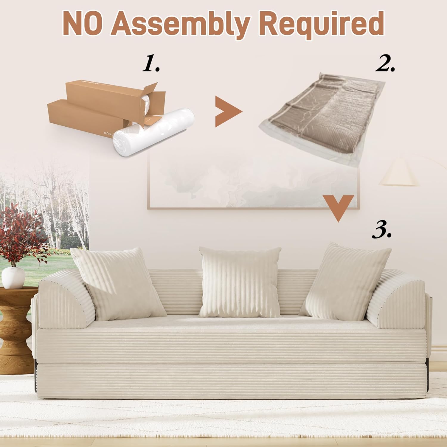 Folding Convertible Sofa Bed with 3 Pillows, 79 " Corduroy Boneless Couch with Armrest Pockets, Lounge Loveseat Sleeper with Pull Out Bed, Memory Foam Compressed Sofa for Living Room Bedroom, Beige