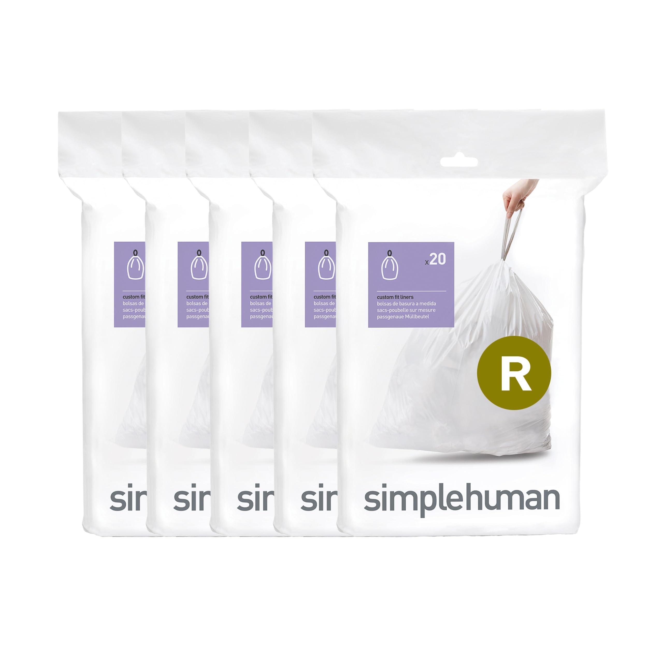 simplehuman Code R 100 Liners, 50% Recycled Custom Fit Bin Bags in Dispenser Packs, Durable Drawstring Tie Handle, 10L, White
