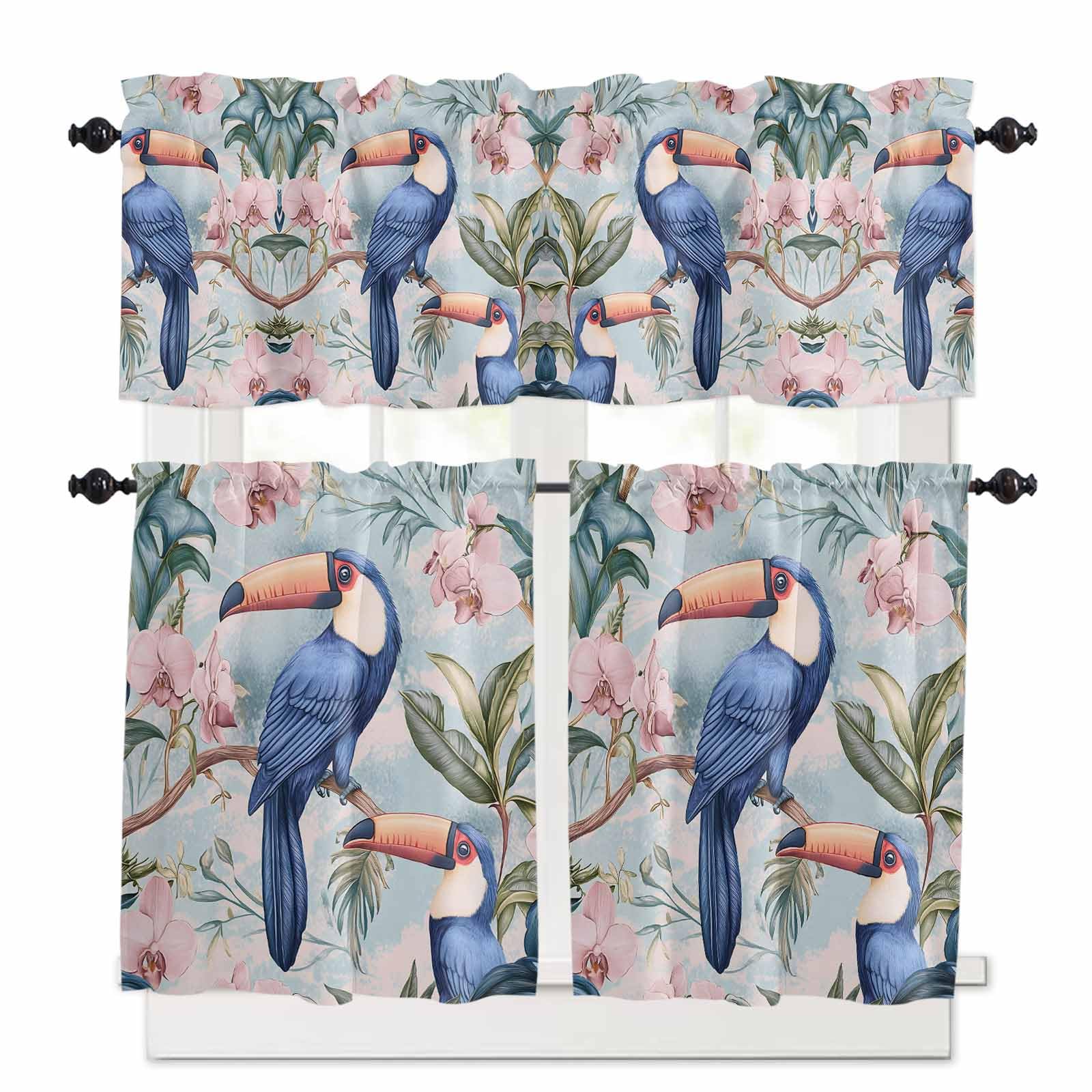 Parrot Summer Kitchen Curtains 36 Inch Length, 3 Piece Rod Pocket Small Half Tiers and Valance Set, Cottagecore Blooms Spring Botanica Art Small Large Window Treatment Decor for Bedroom/Bathroom Sink