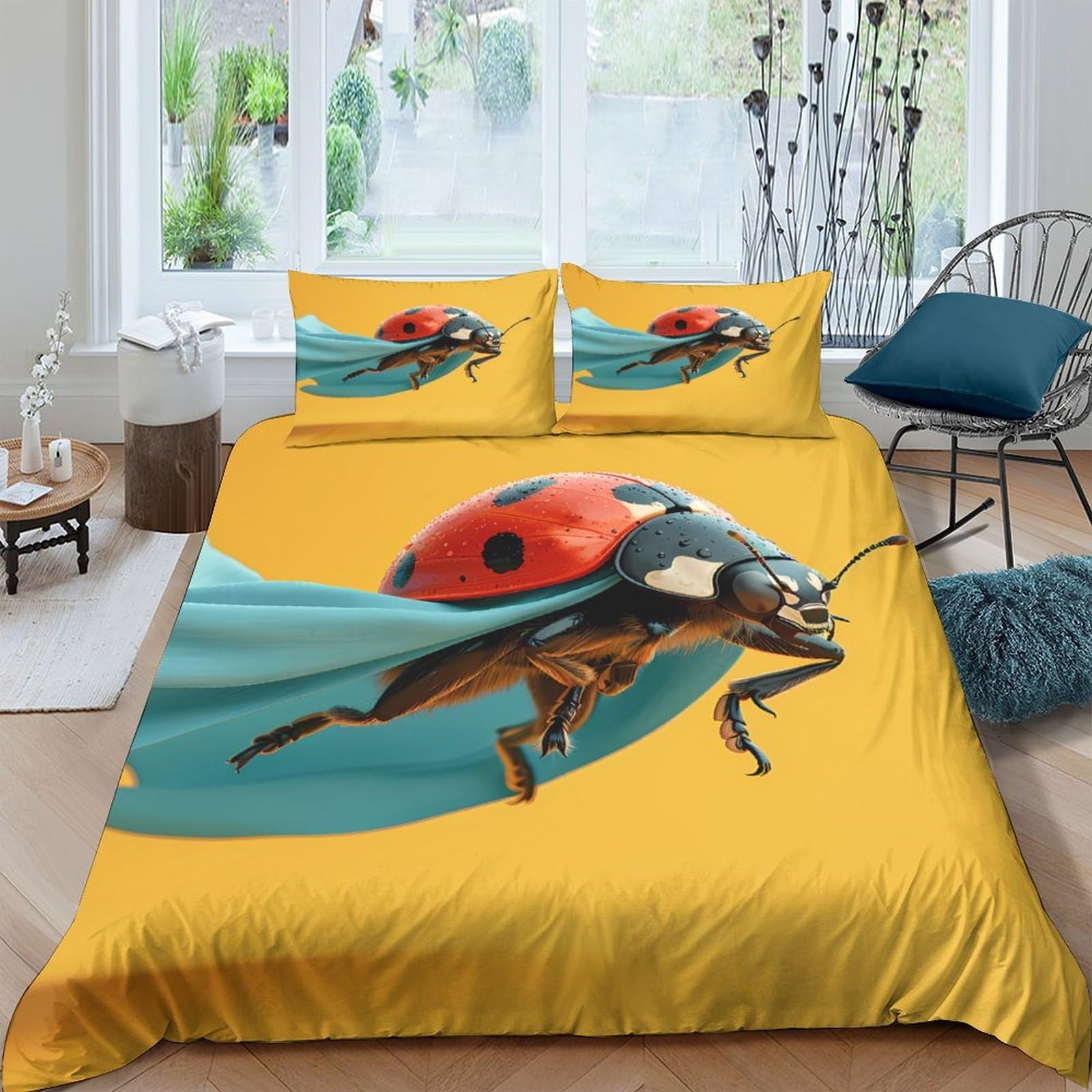 Ctjqhvkz Style-7 3D Printed Ladybug Yellow Fitted Sheet Microfiber Soft Breathable Insect Pattern Bed Cover For Bedroom Guest Room Single（135X200cm）