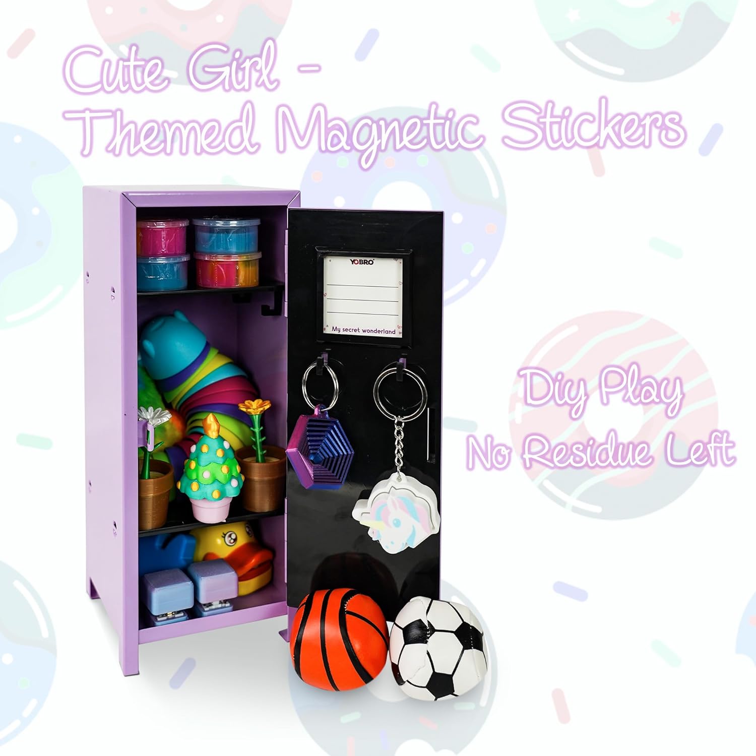 YOBRO Mini Locker with Lock and 2 Keys, 24PCS Magnetic Stickers, Miniature Storage Locker for Desk, Home, Bedroom, Office, Purple