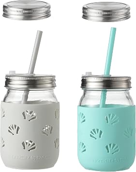 16 OZ Mason Jars with Protective Silicone Sleeve, Mason Cups Drinking Glass with Straws and 4PC Stainless Steel Lids - BPA Free Turquoise & Gray Shell