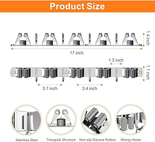 Miniatura 3 de CUXIXA Organizador de escoba y trapeador para colgar en la pared, soporte de pared mejorado para trapeador y escoba, soporte de pared de acero