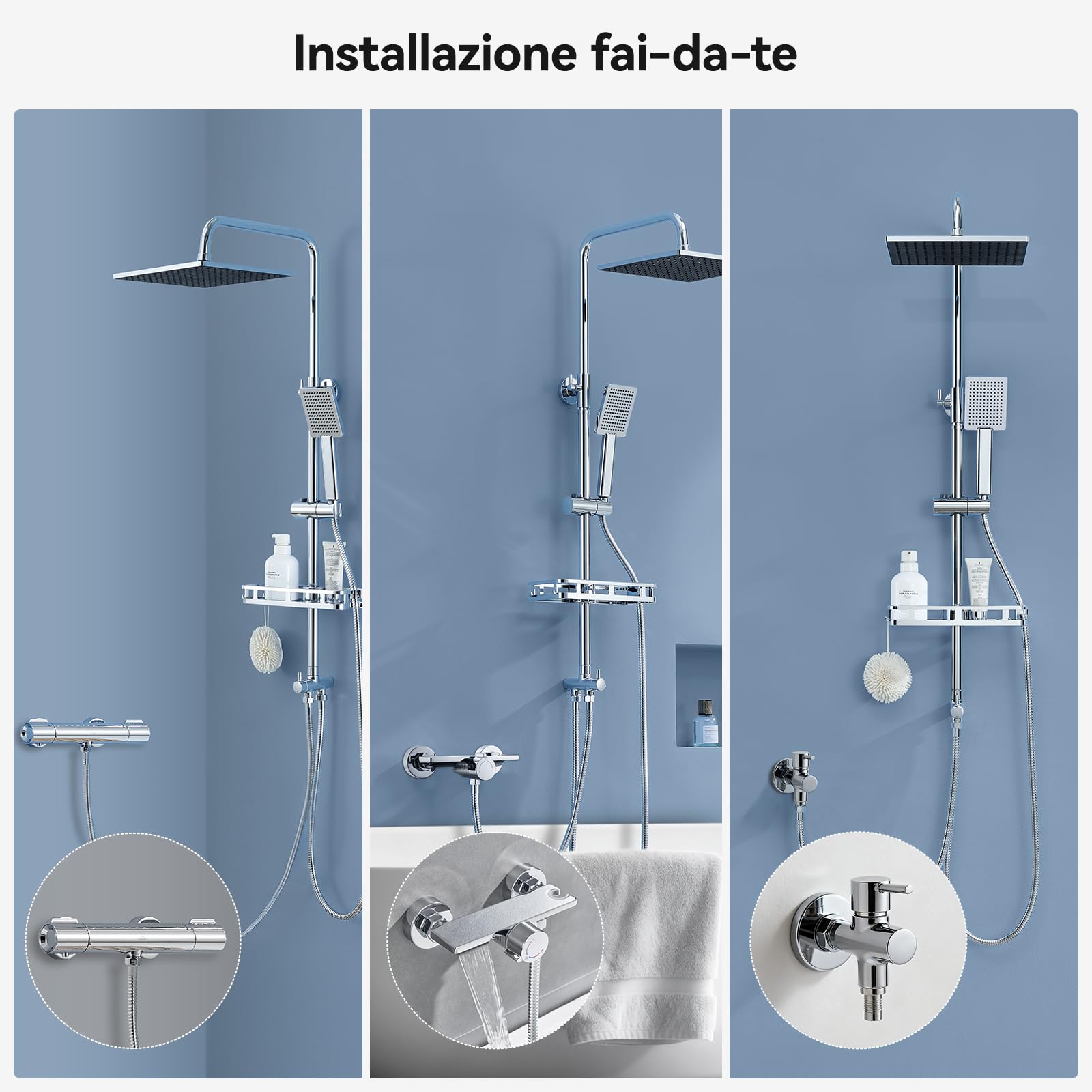 Auralum Colonna Doccia con Mensola Doccia, Colonna Doccia Senza Miscelatore Fori Muro Regolabili con Soffione a Pioggia Quadrato 25cm, Asta Doccia Altezza Regolabile 72-110cm, Cromo - 5