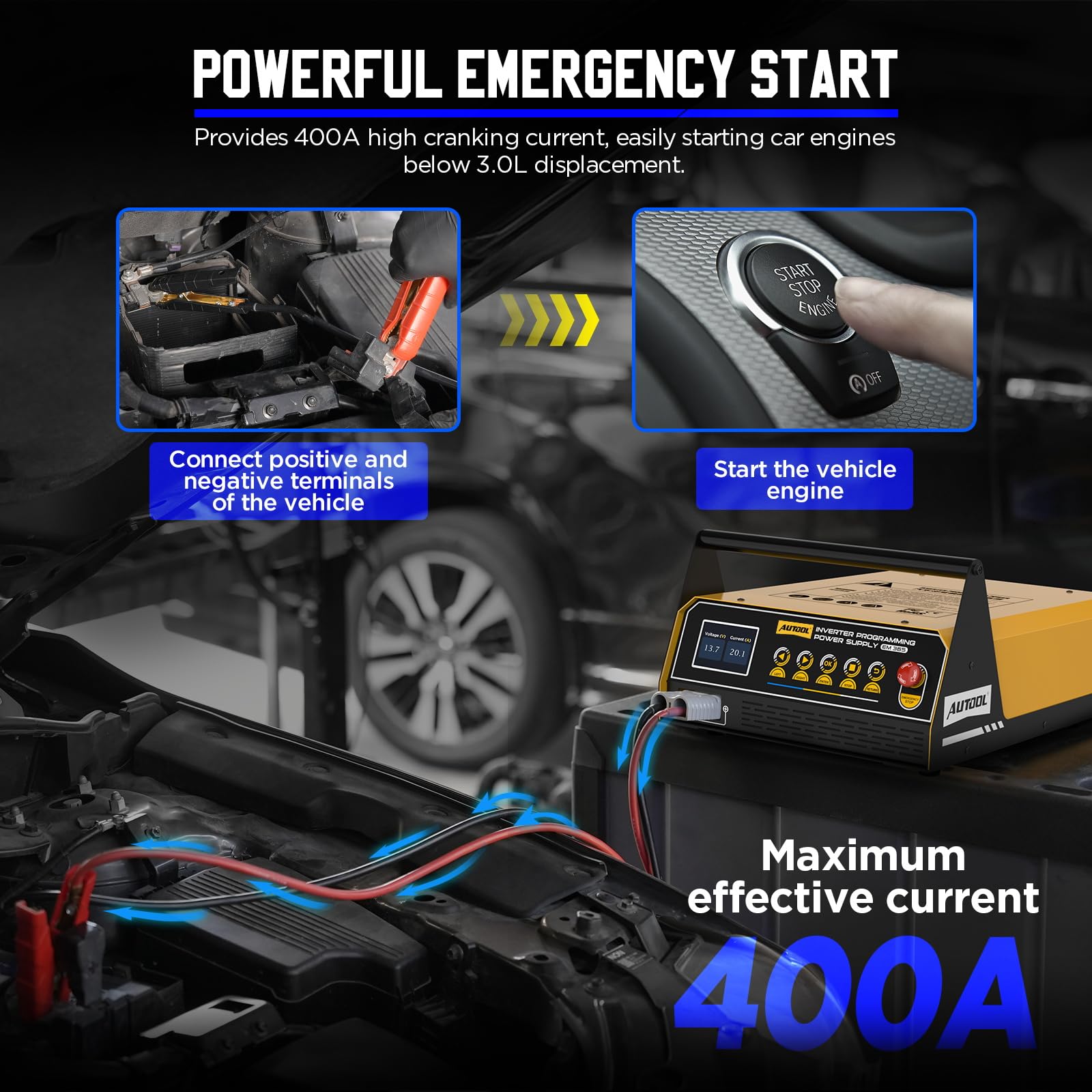 AUTOOL Ładowarka do akumulatora samochodowego, zasilacz do przeprogramowania Flash 150A, inwerter 12 V 220 V 1500 W, szybkie ładowanie ładowarka do akumulatora ołowiowego