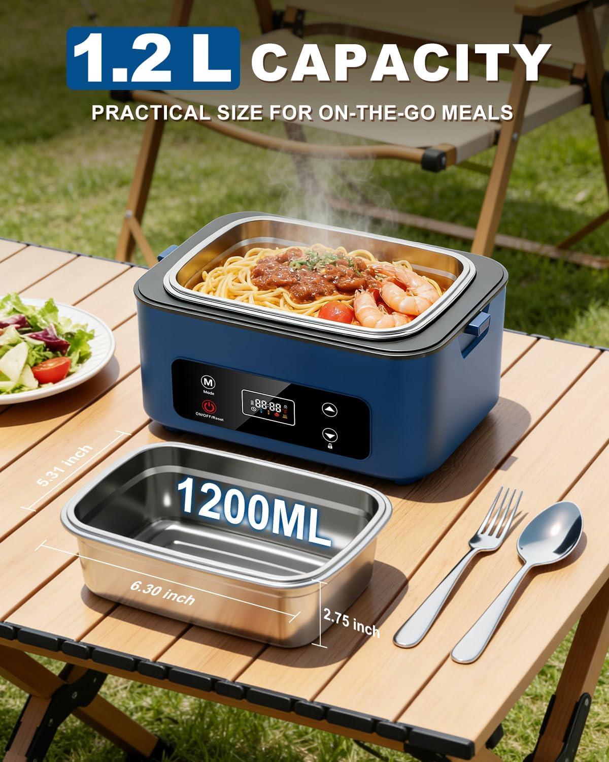 Cordless Electric Heated Lunch Box - Upgraded Rechargeable 24000mAh Self Heating Battery Powered Portable Food Warmer Container with Removable Divider for Men Adults Truck Office Outdoor Travel(Blue)