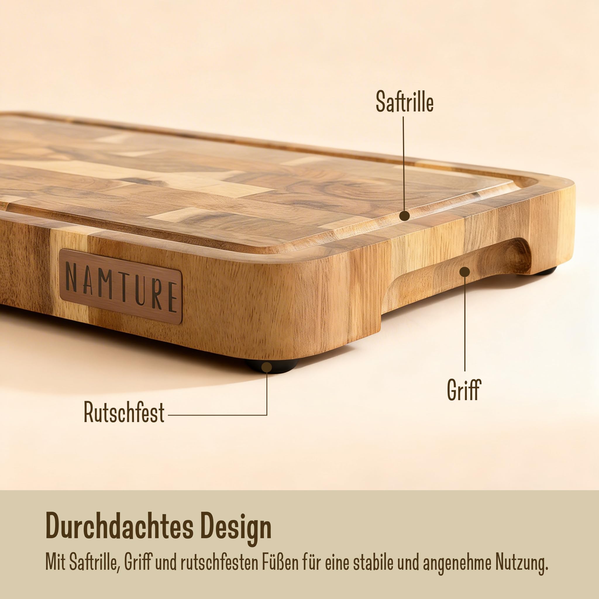 Schneidebrett Holz Set – 2,5 cm stark, mit hochwertiger Öl-Oberfläche, Saftrille, Anti-Rutsch-Füßen & Brettständer – Akazienholz Schneidebretter in luxuriöser Geschenkbox