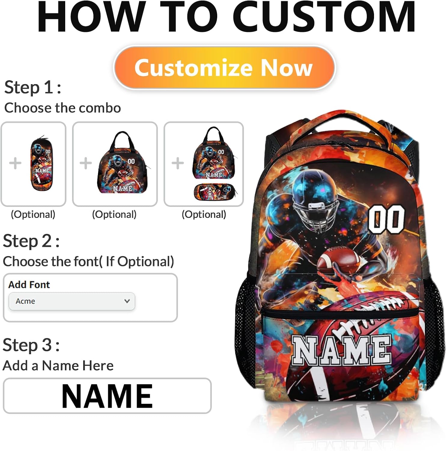 Backpack for Boys, Custom Football School Backpacks with Name for Kids Age 6-18, Sports Bookbag for Primary, Middle High Senior School College, 17 Inch Large Capacity Schoolbag Gifts